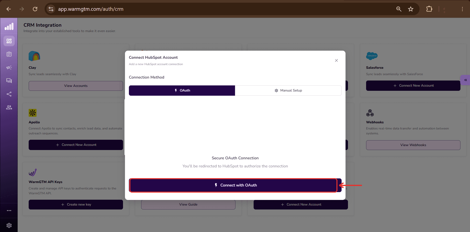 WarmGTM Connect HubSpot Account dialog — OAuth vs Manual Setup, Connect with OAuth