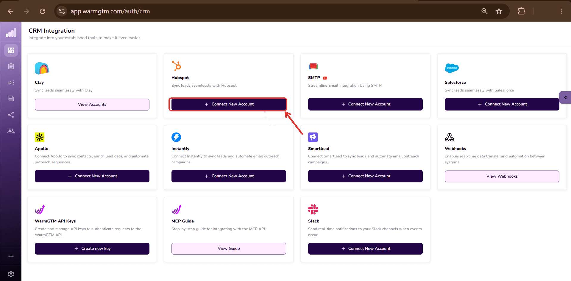 WarmGTM CRM Integration screen — HubSpot card with Connect New Account