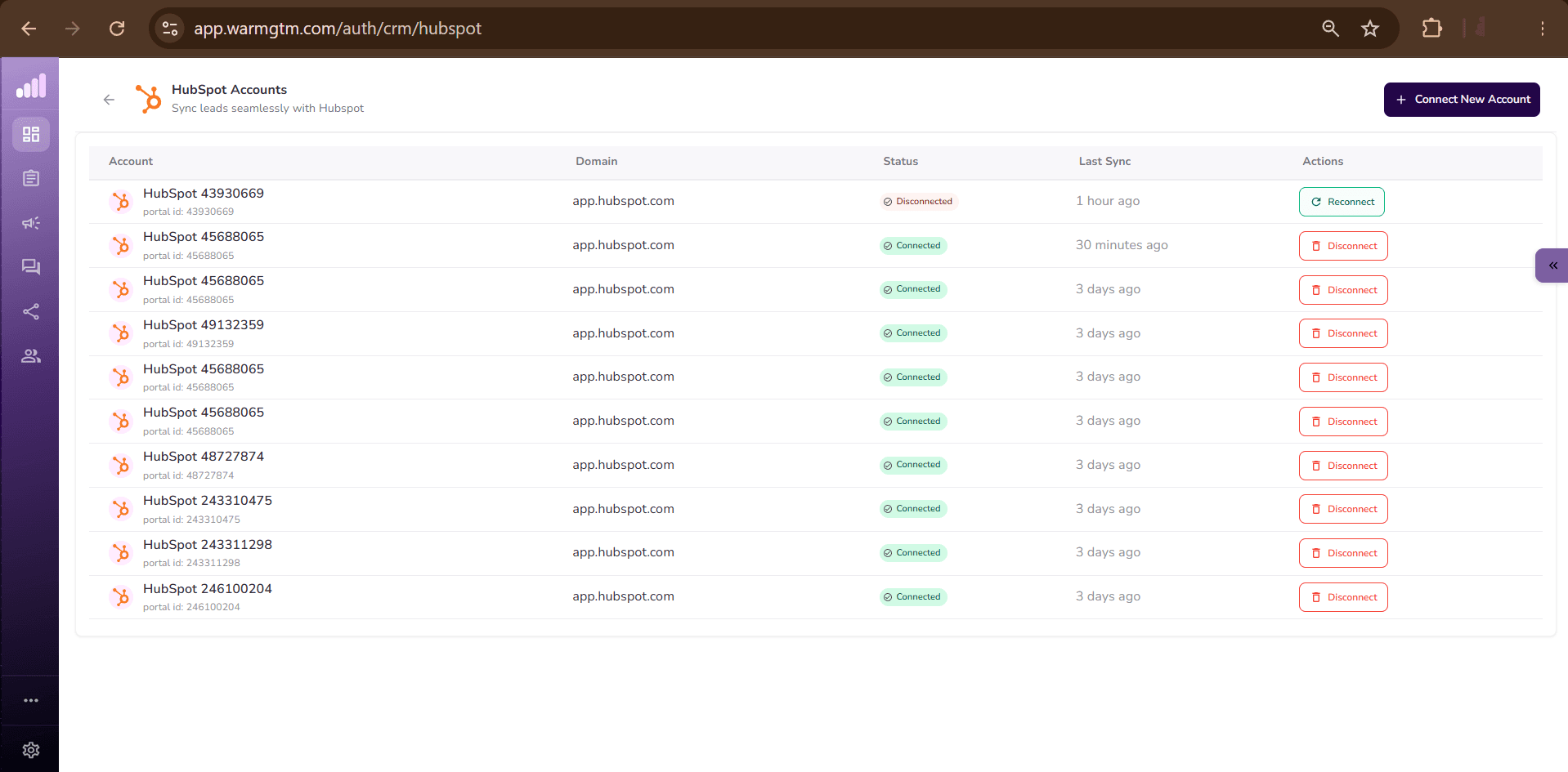 WarmGTM HubSpot Accounts screen — connected portals with status and last sync